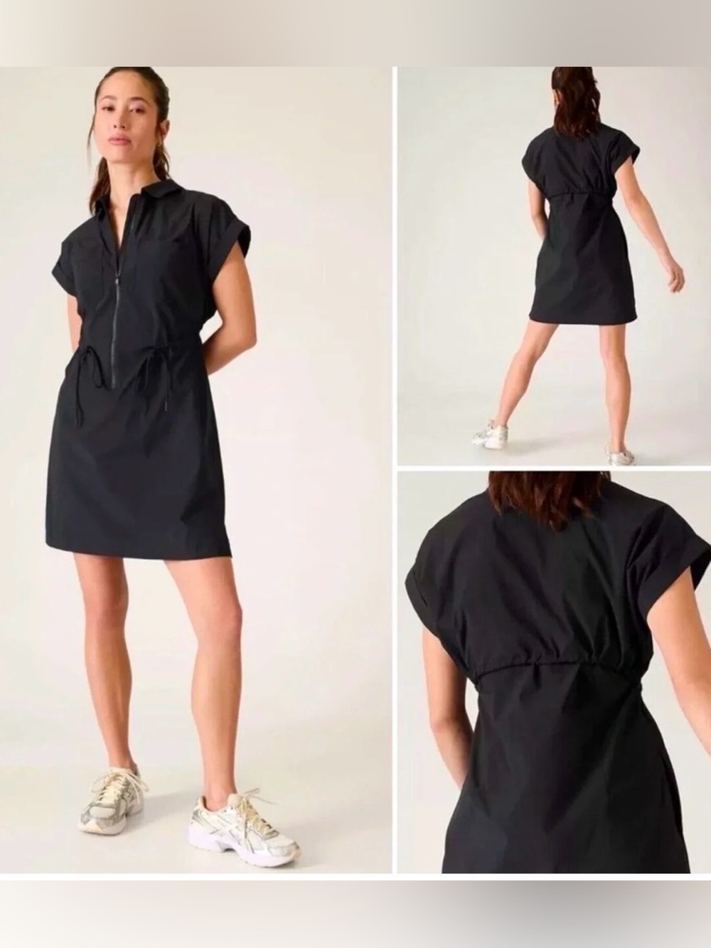 ATHLETA Topspin Tennis Travel Drawcord Zip Dress Quick-dry Black S MSRP $120